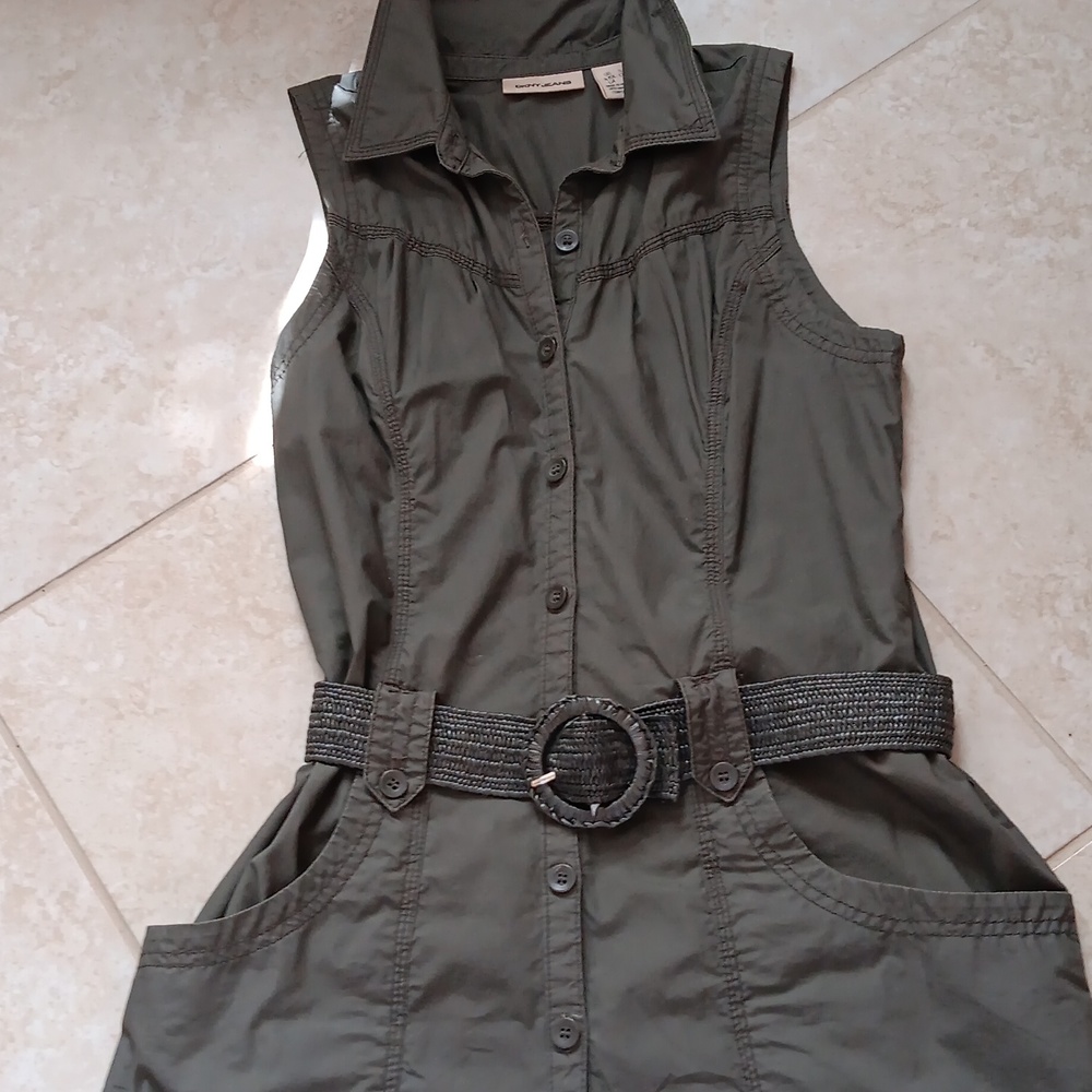 DKNYC Olive Green Sleeveless Shirt Dress with Woven Belt